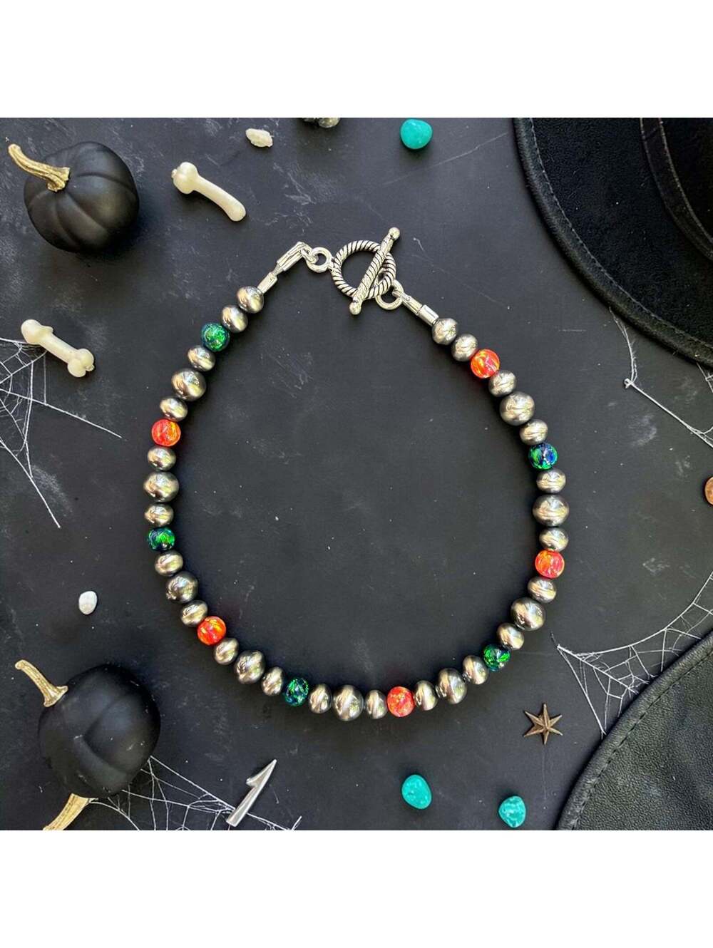 7" Black Emerald & Nectar Fire Opal Navajo Pearl Style T-Bar Bracelet